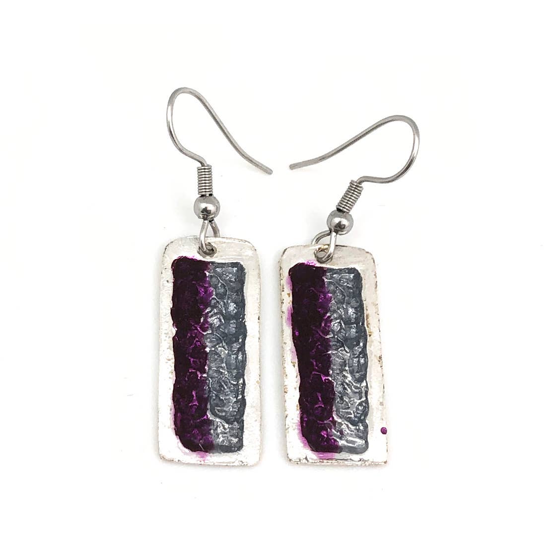 Pewter Earrings with Color Enamel Rectangle Raspberry/Silver