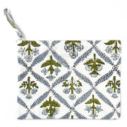Handcrafted Canvas Pouch with Block-Printed Blue Trellis