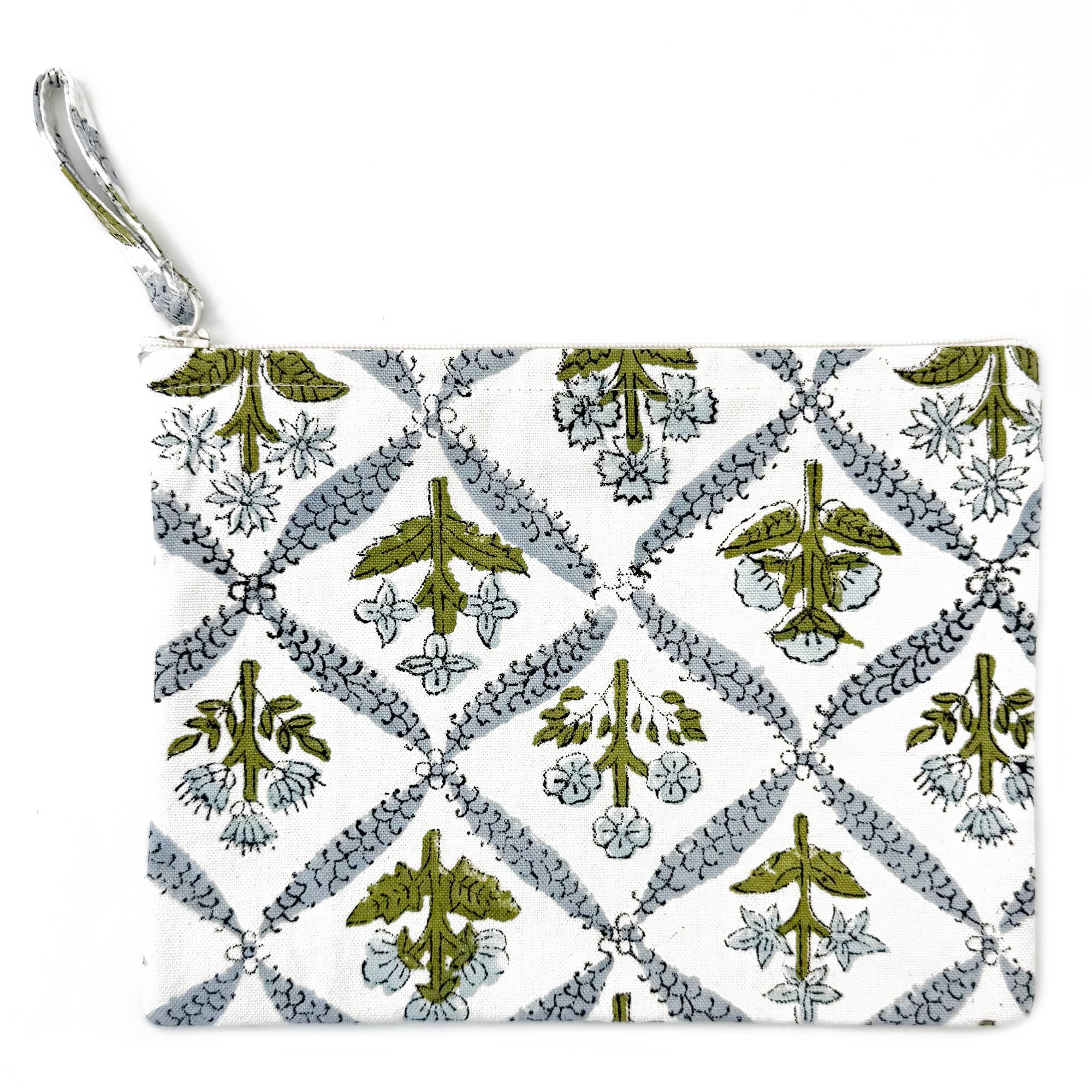 Handcrafted Canvas Pouch with Block-Printed Blue Trellis