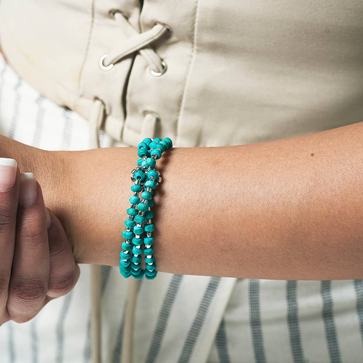 Sachi Wood Bead Wrap Bracelet - Turquoise