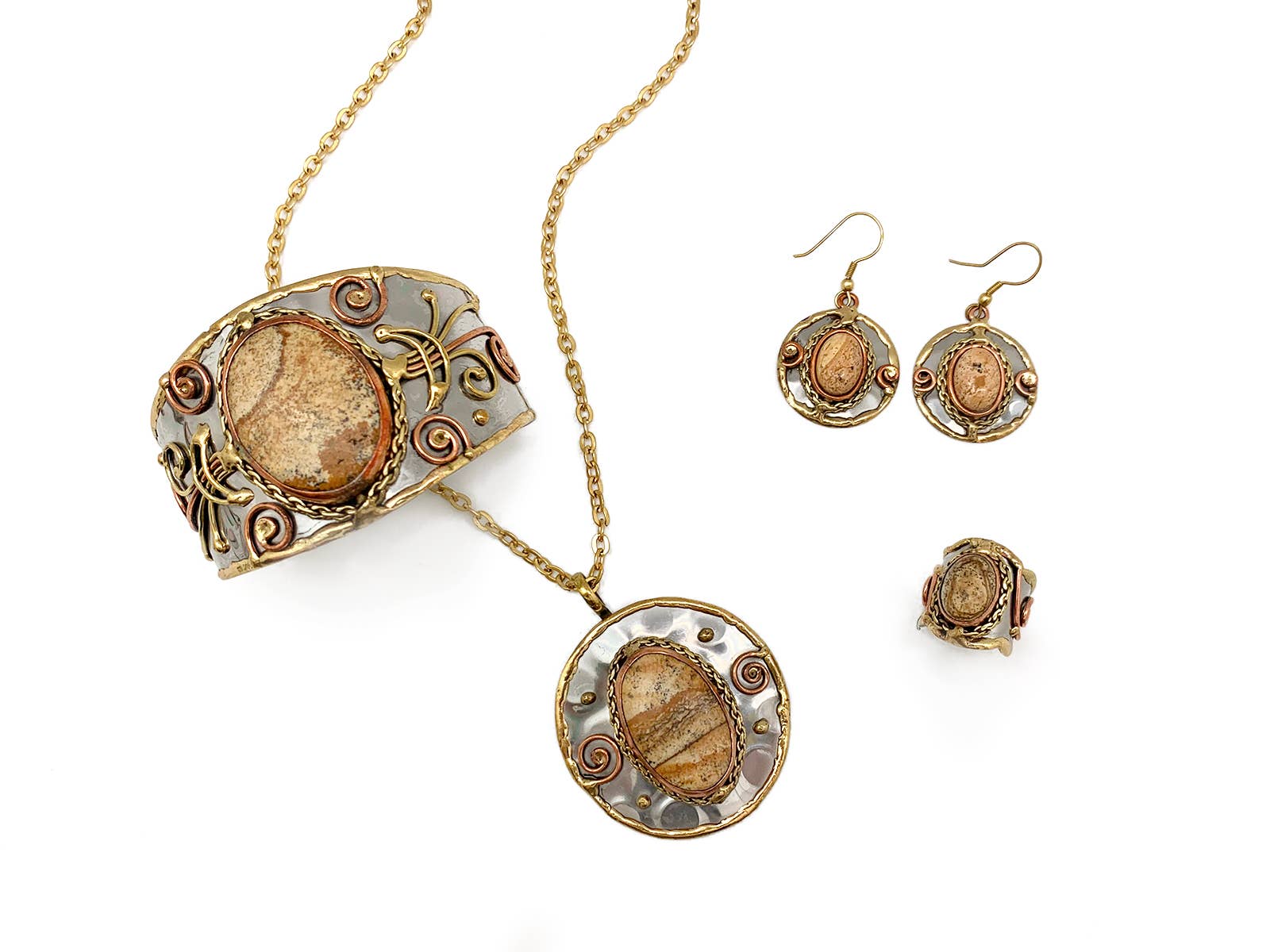 Mixed Metal and Picture Jasper Stone Pendant with Chain