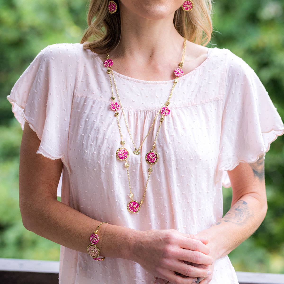 Sachi Cerise Collection Necklace - Beaded Disc Dual Layer