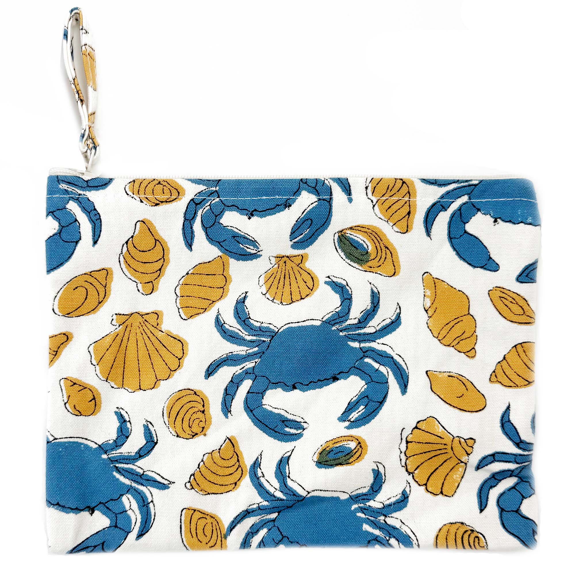 Handcrafted Canvas Pouch with Block-Printed Crabs and Shells