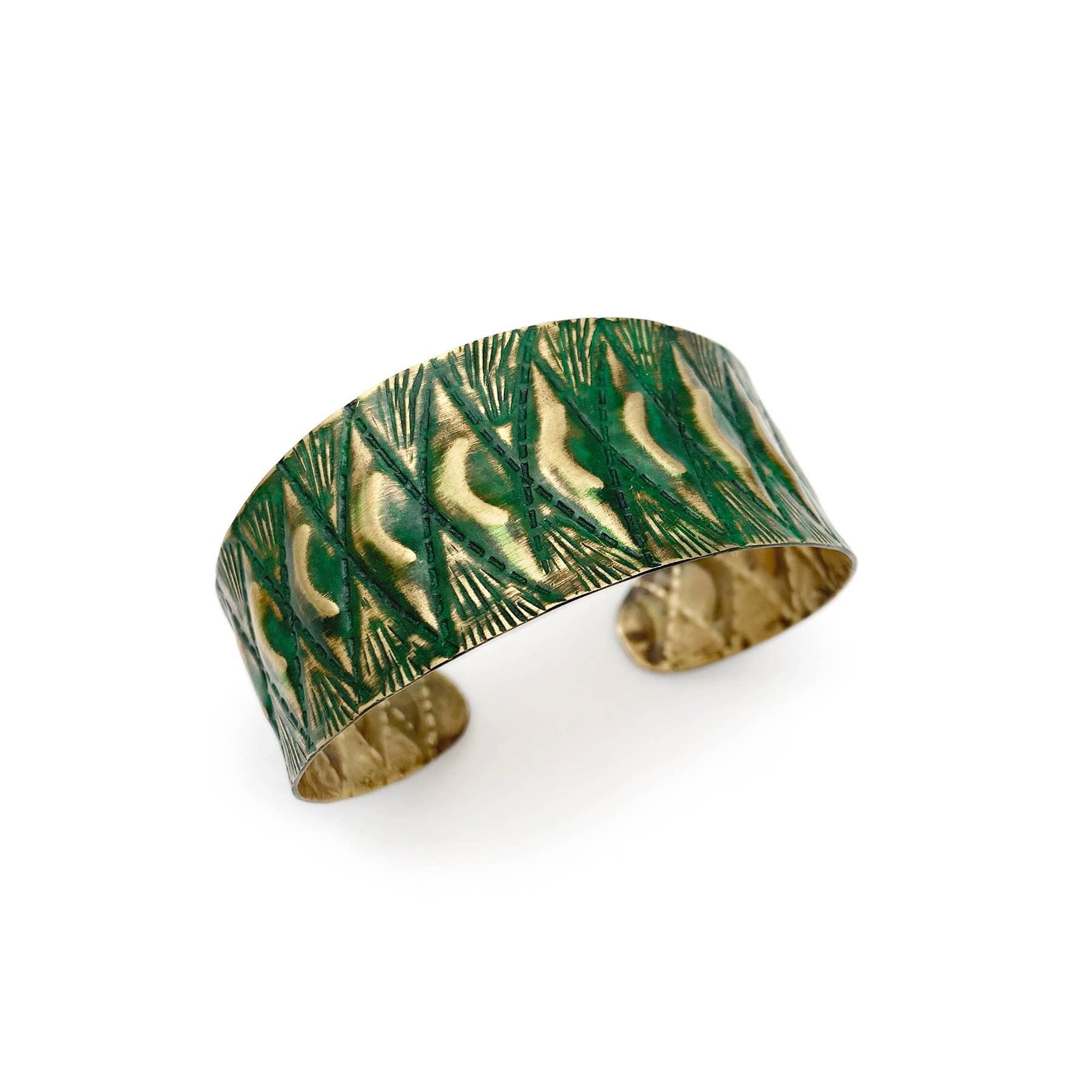 Brass Patina Bracelet - Moons and Diamonds on Green