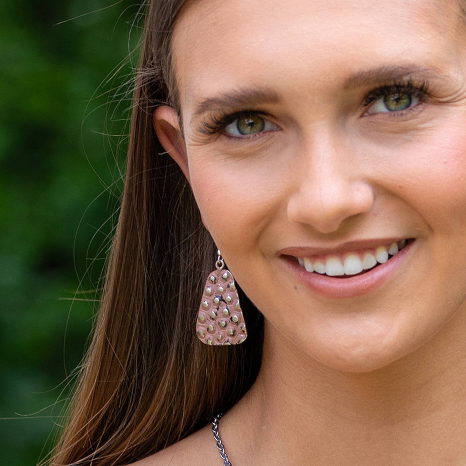 Silver Patina Earrings - Dusty Rose Rivets in Trapezoid