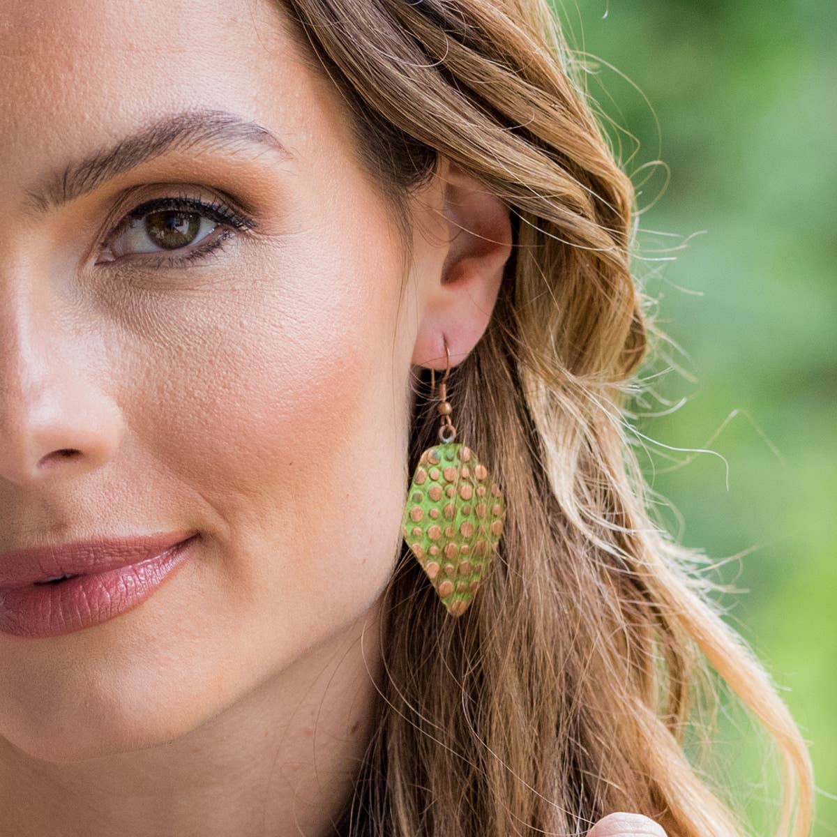 Copper Patina Earrings - Light Green Circle Print