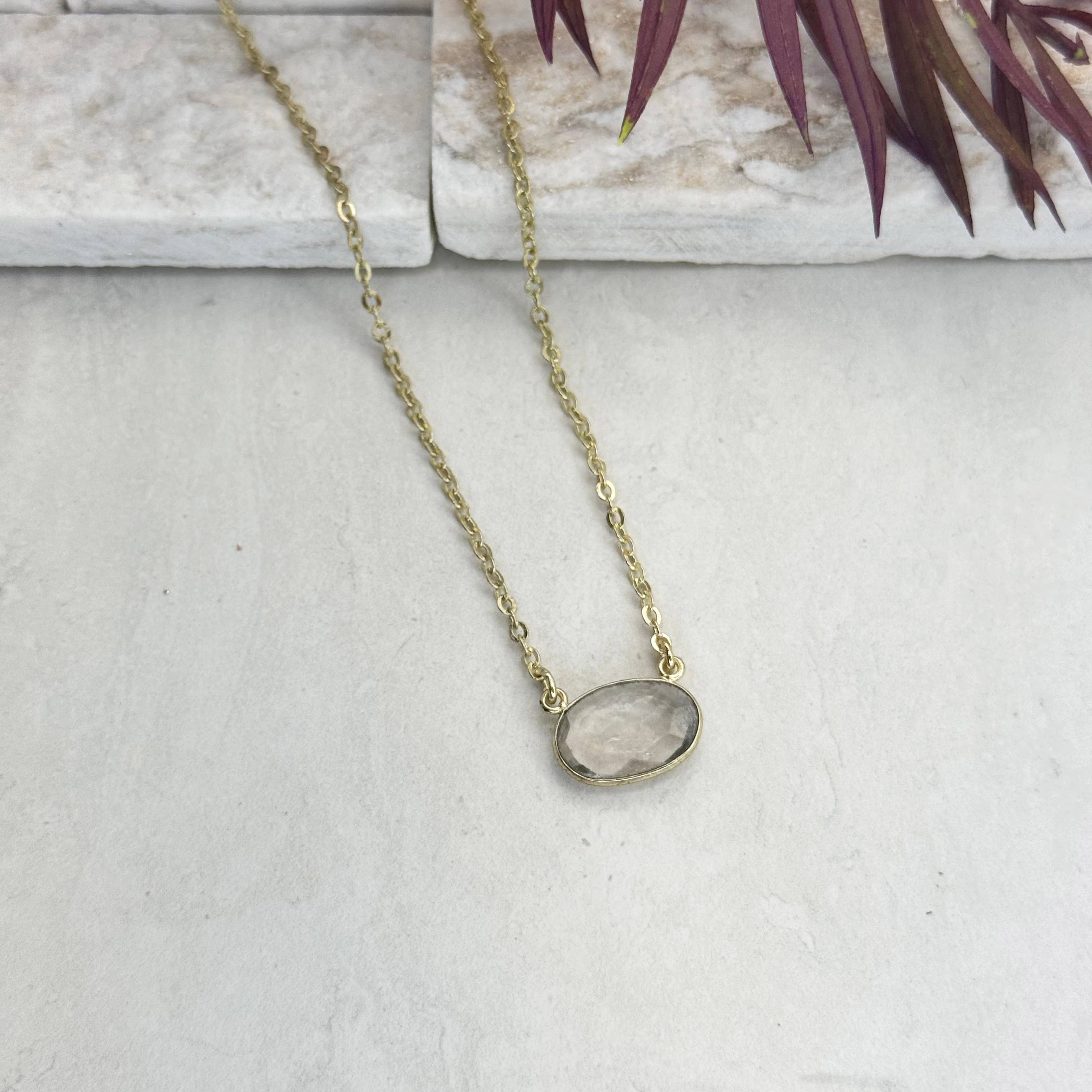 Gold Plated Necklace with Semi-Precious Stone - Quartz