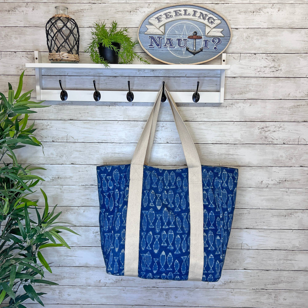 Handcrafted Canvas Bag with Block-Printed Deep Blue Fish