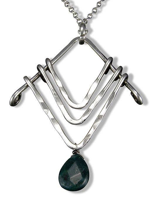 Banjara Hammered Antique Silver Vs Moss Agate Long Necklace