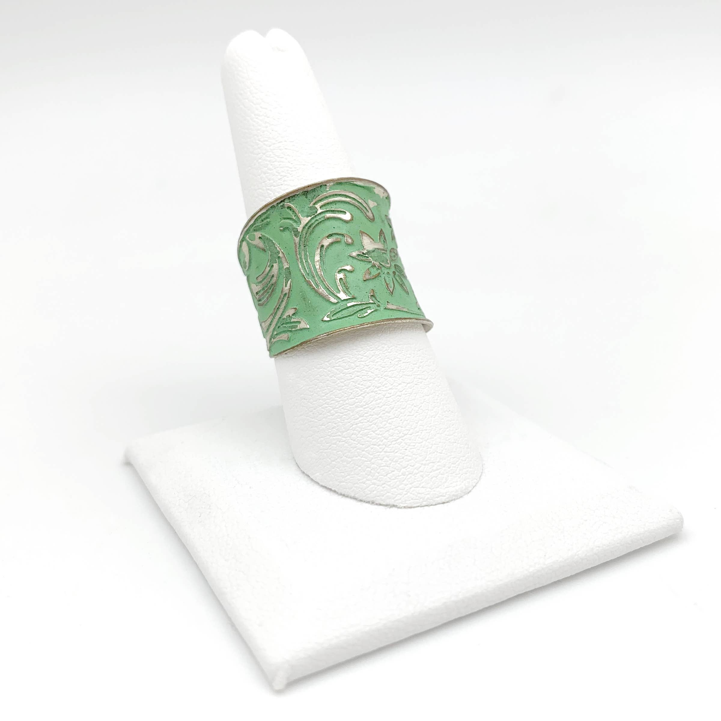 Silver Patina Ring - Mint Flowers and Leaves