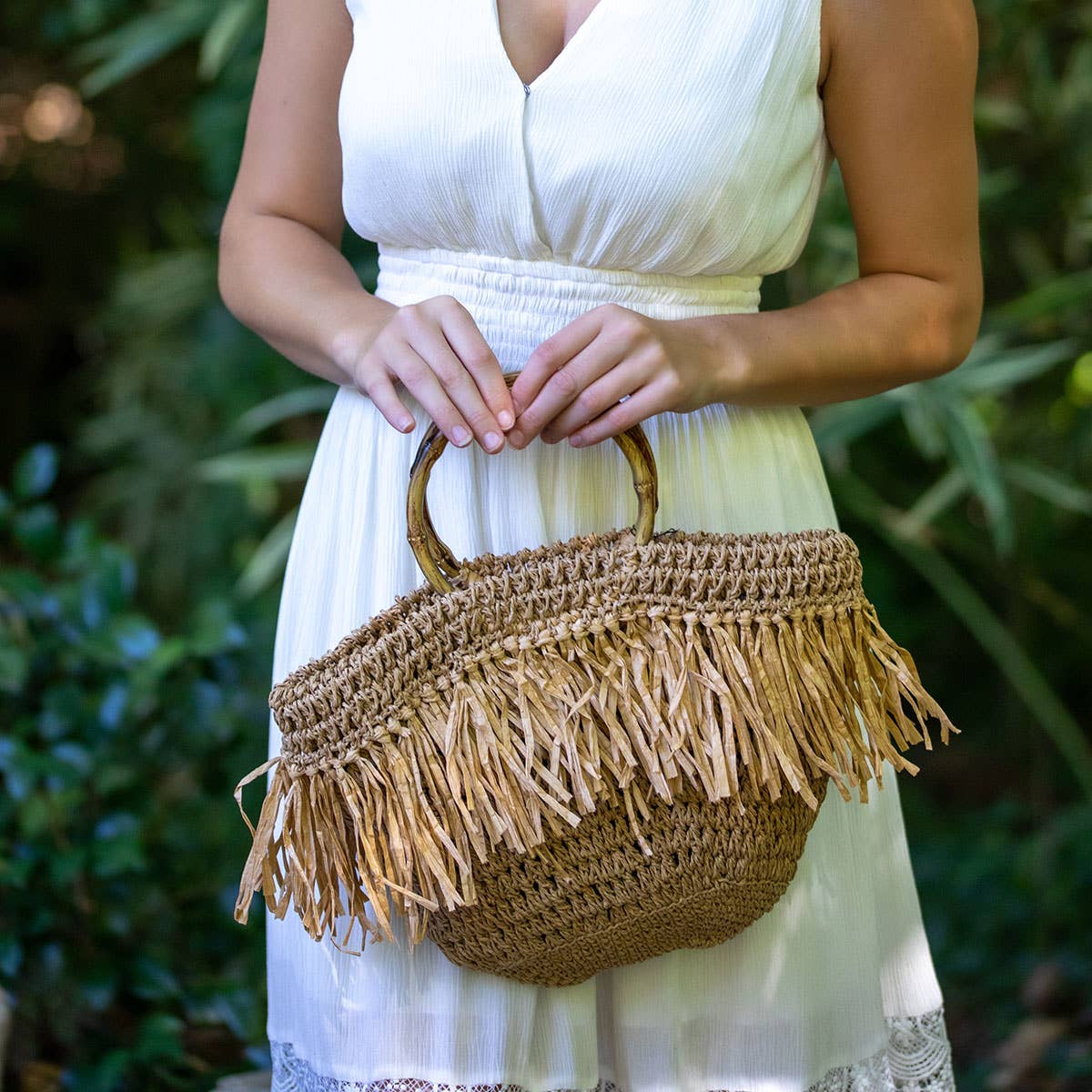 Santorini Bag - Natural Raffia Fringe Bag with Wood Handle