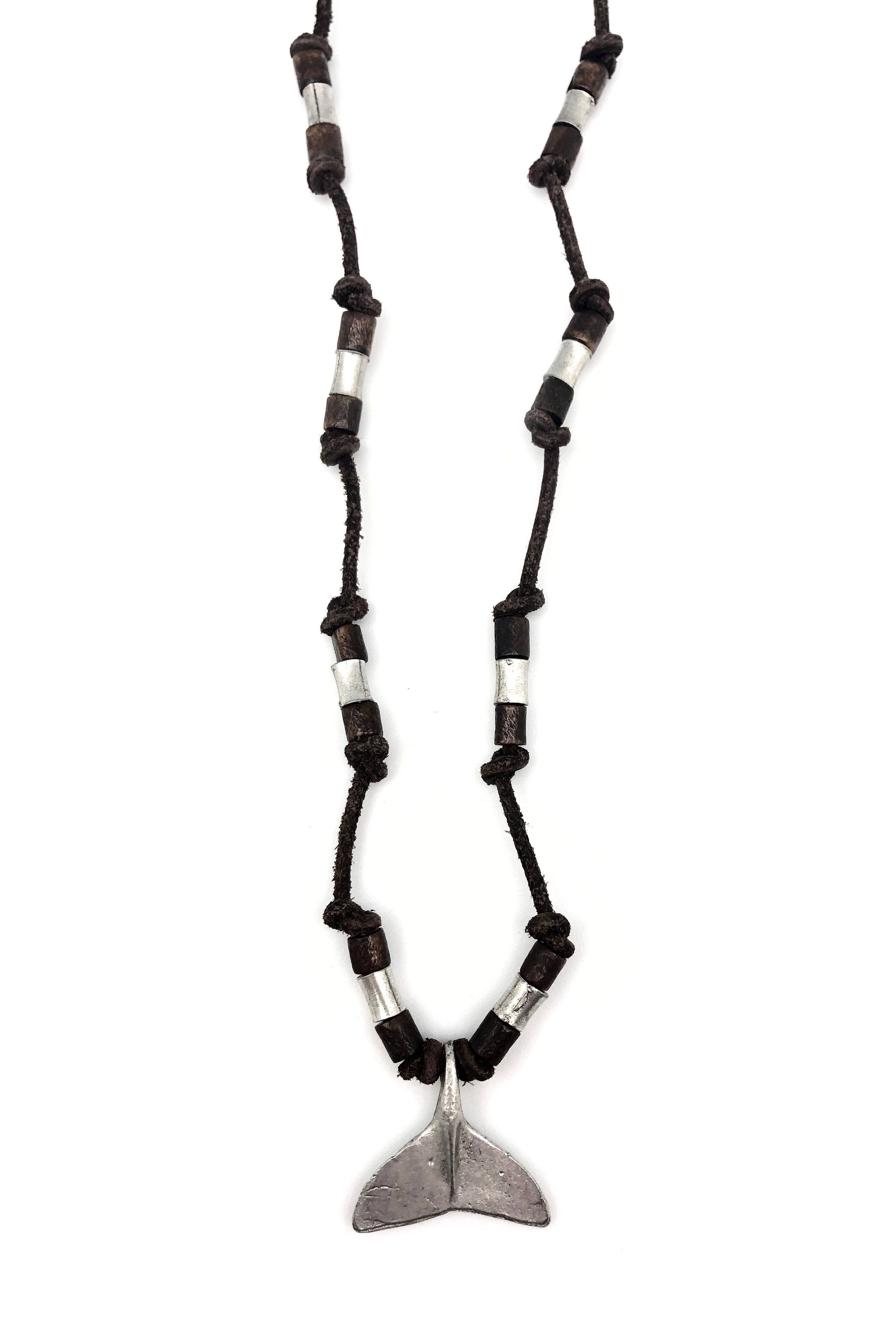 Aadi Whale Tail on Knotted Leather with Beads Men's Necklace