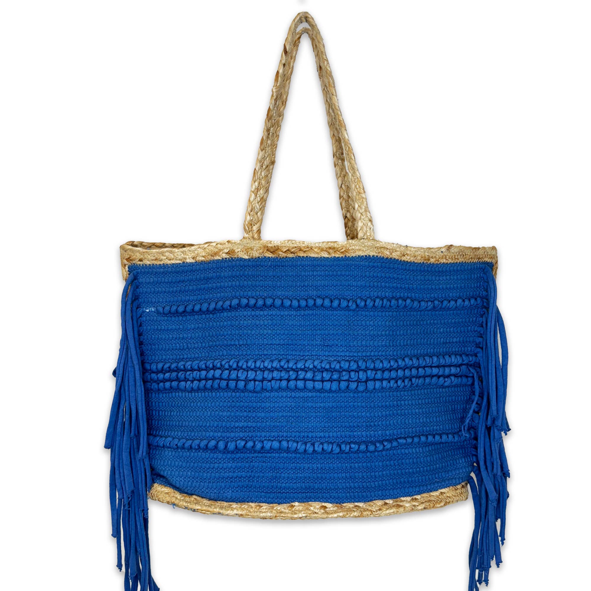 Nora Tote - Jute and Blue Cotton Tote with Fringes