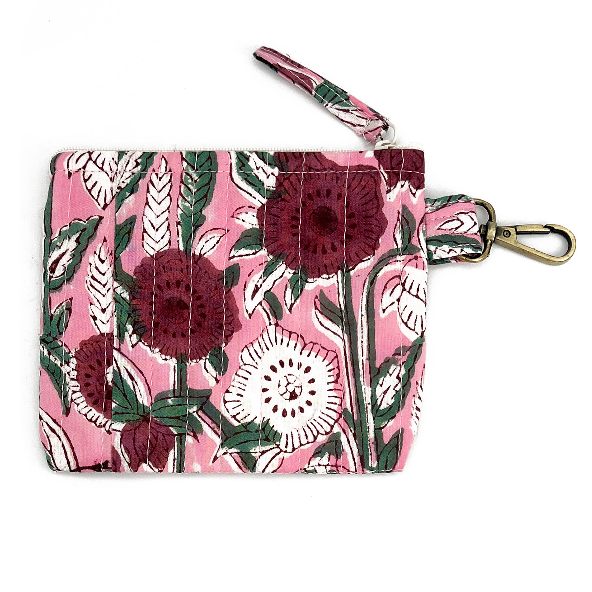 Quilted Block-Printed Travel Pouch - Fuchsia Bouquet