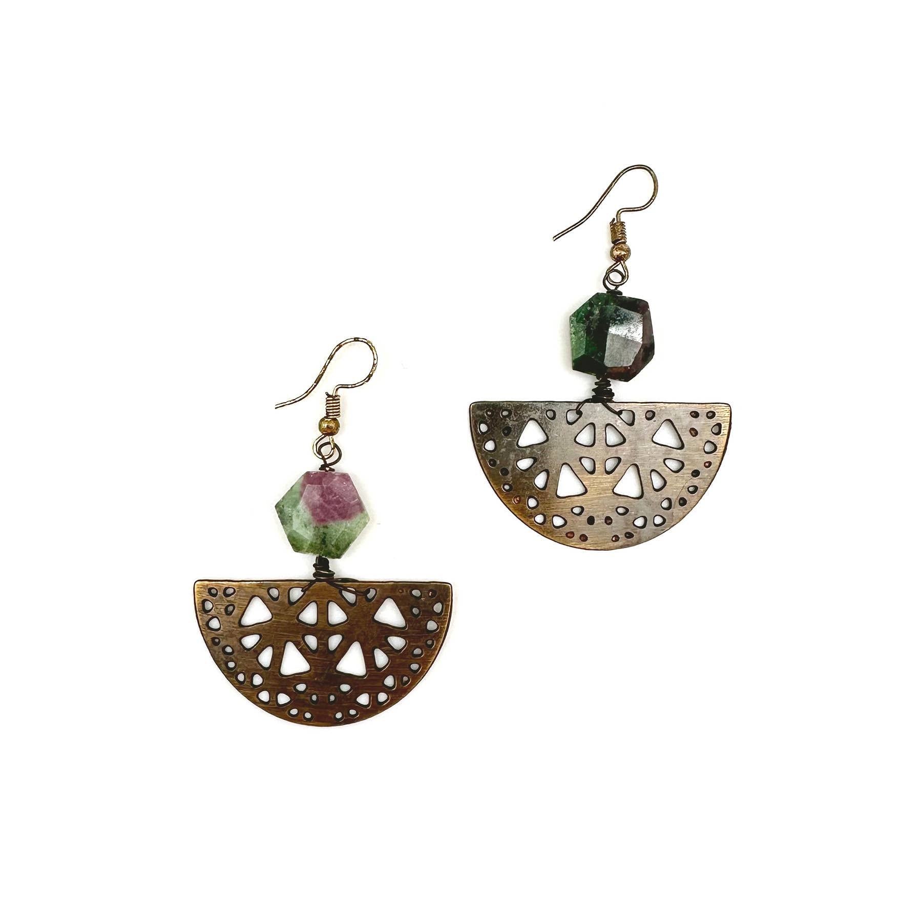 Banjara Collection Earrings - Ruby Zoisite, Brass Filigree
