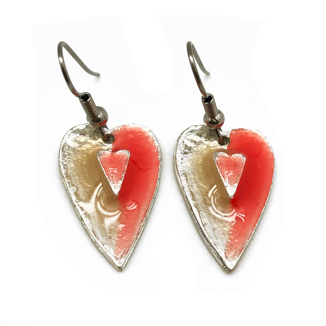 Pewter Earrings with Color Enamel - Coral/Pearl Heart