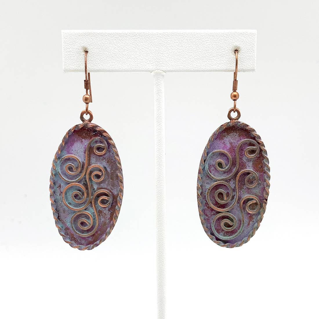 Copper Patina Earrings - Three Double Spirals in Lilac Ovals