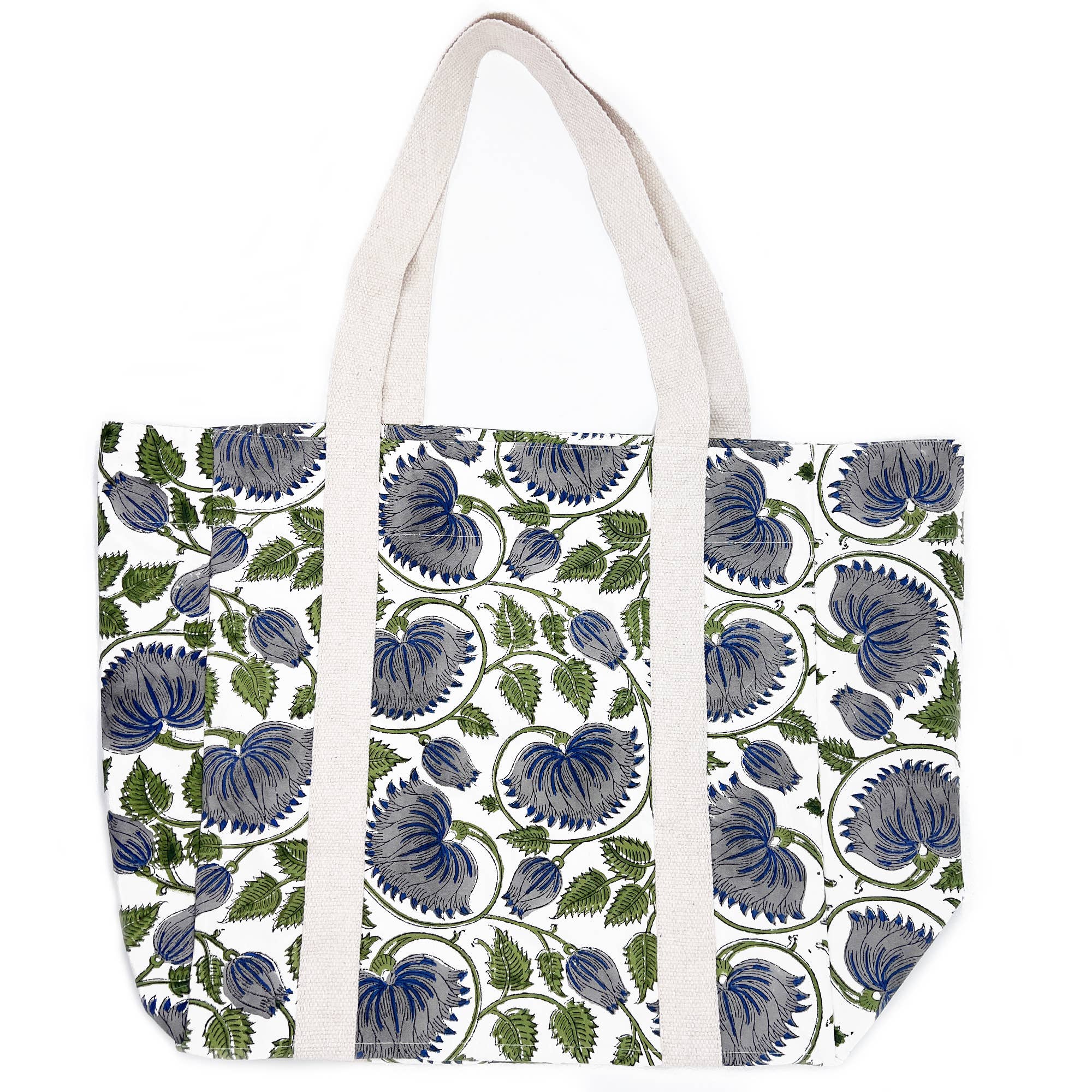 Handcrafted Canvas Bag with Block-Printed Blue Mist