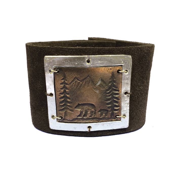 Leather Snap Bracelet - Bears in Woods with Mountains
