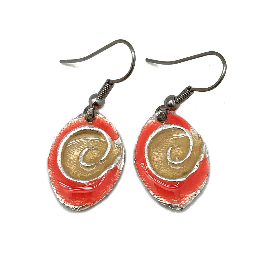 Pewter Earrings with Color Enamel - Coral/Pearl