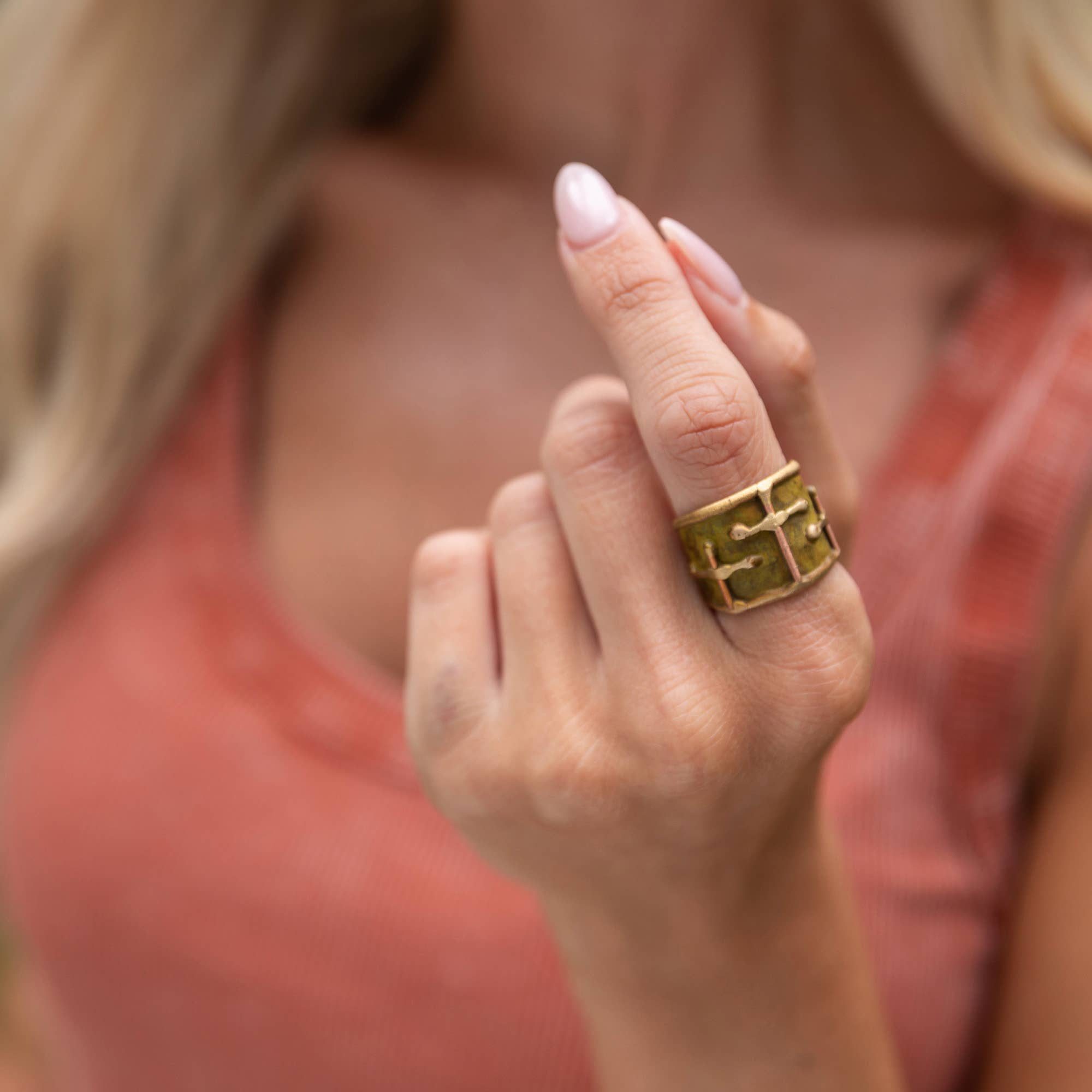 Handcrafted Olive Green Three Crosses Brass Patina Ring