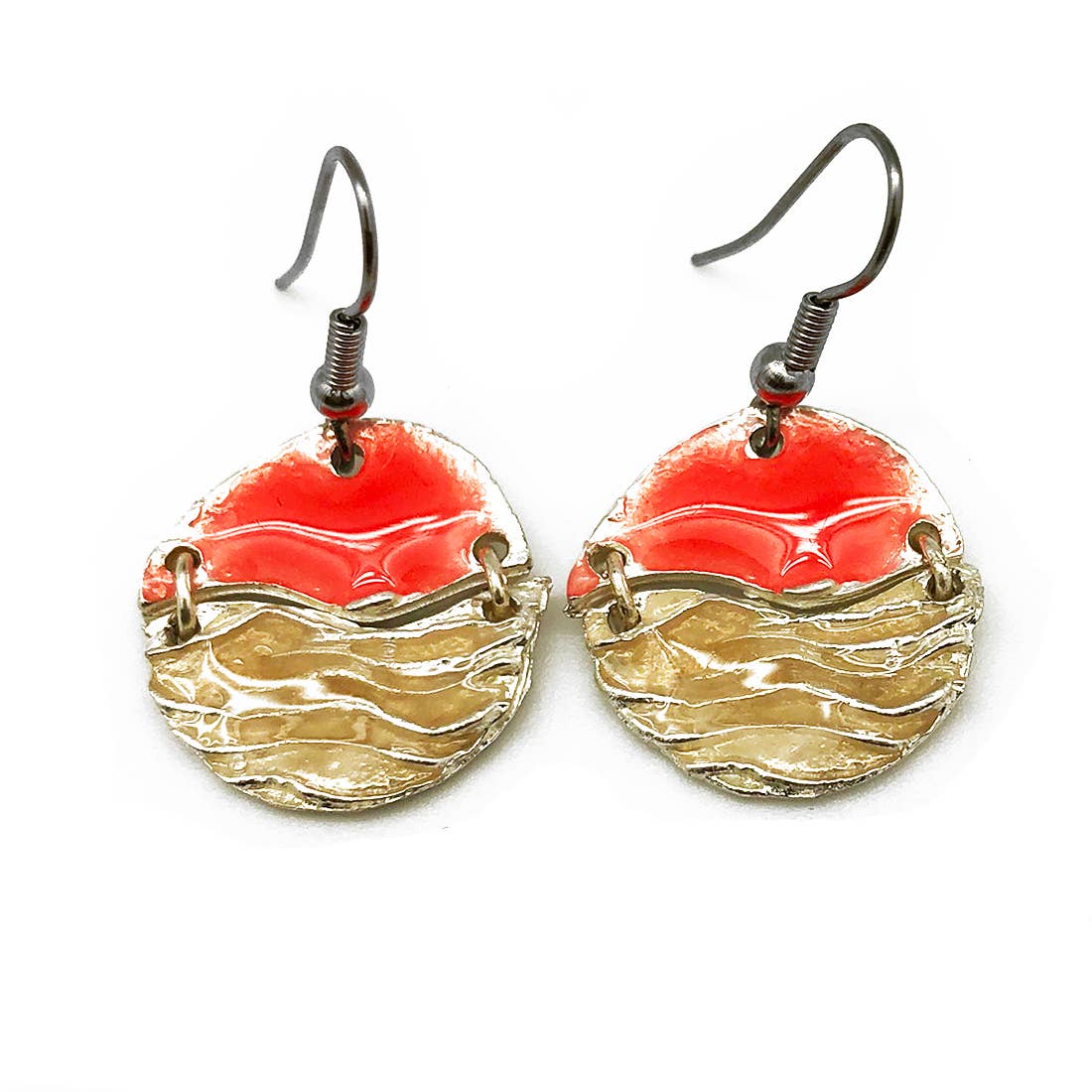 Pewter Earrings with Color Enamel - Coral/Pearl