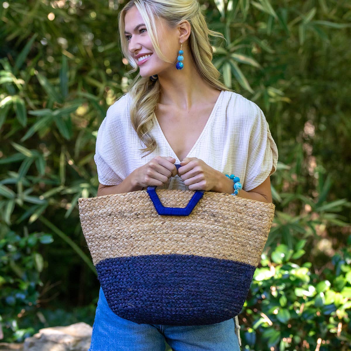 Florence Hand Bag - Natural/Blue Jute Bag with Wood Handle