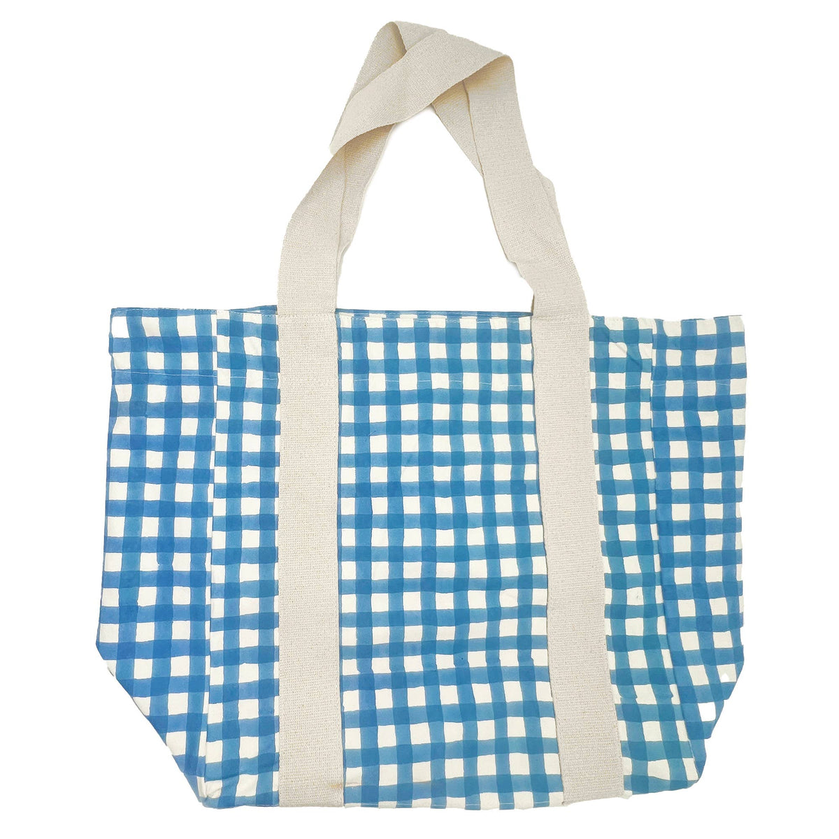 Handcrafted Canvas Bag with Block-Printed Blue Gingham Bliss