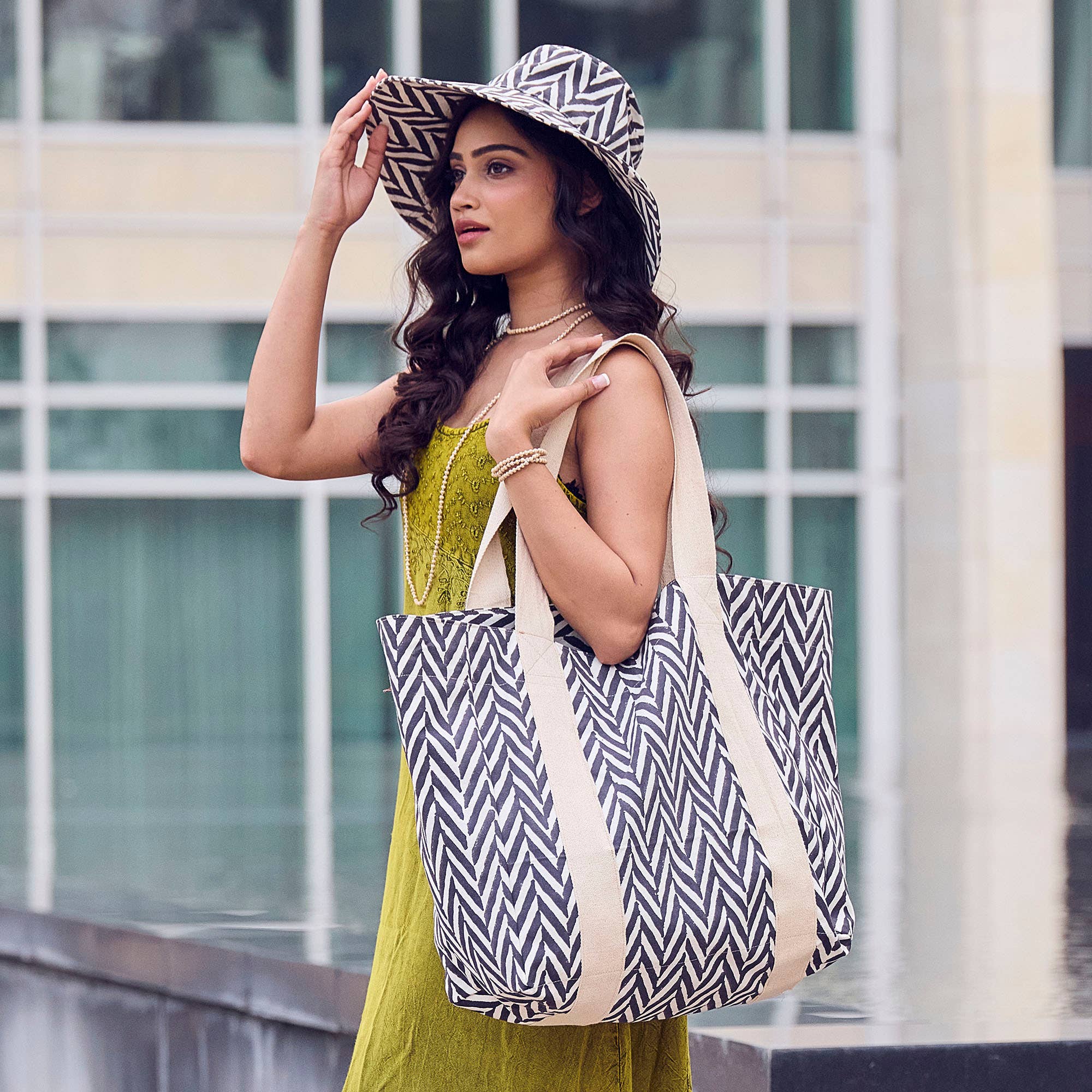 Handcrafted Canvas Bag with Block-Printed Bold Chevron