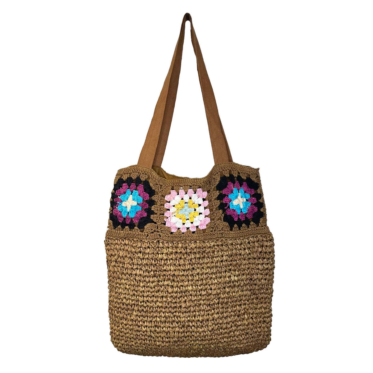 Nola Cotton Crochet and Raffia Shoulder Bags - Chocolate Brown