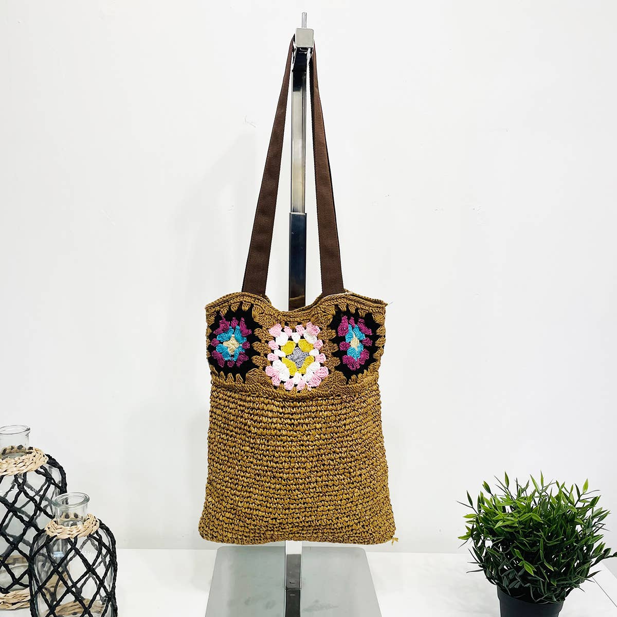 Nola Cotton Crochet and Raffia Shoulder Bags - Chocolate Brown