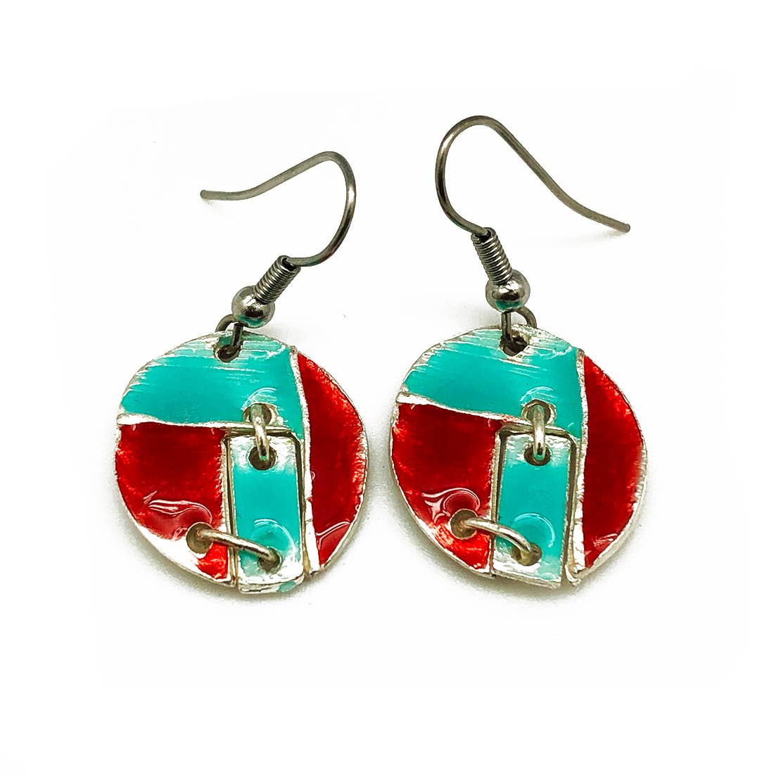 Pewter Earrings with Color Enamel - Red/Aqua