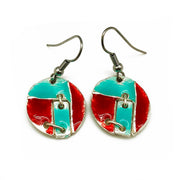 Pewter Earrings with Color Enamel - Red/Aqua