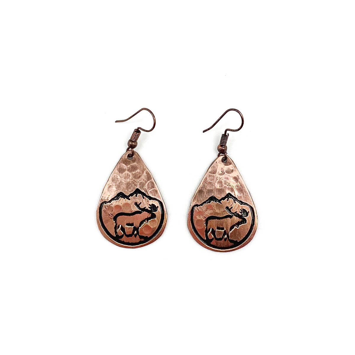 Moose With Mountains Copper Engraved Earrings