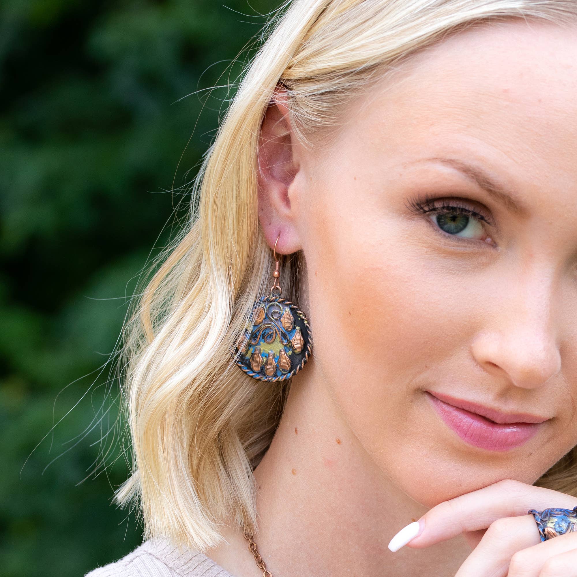 Copper Patina Earrings - Filigree in Blue and Gold Circles