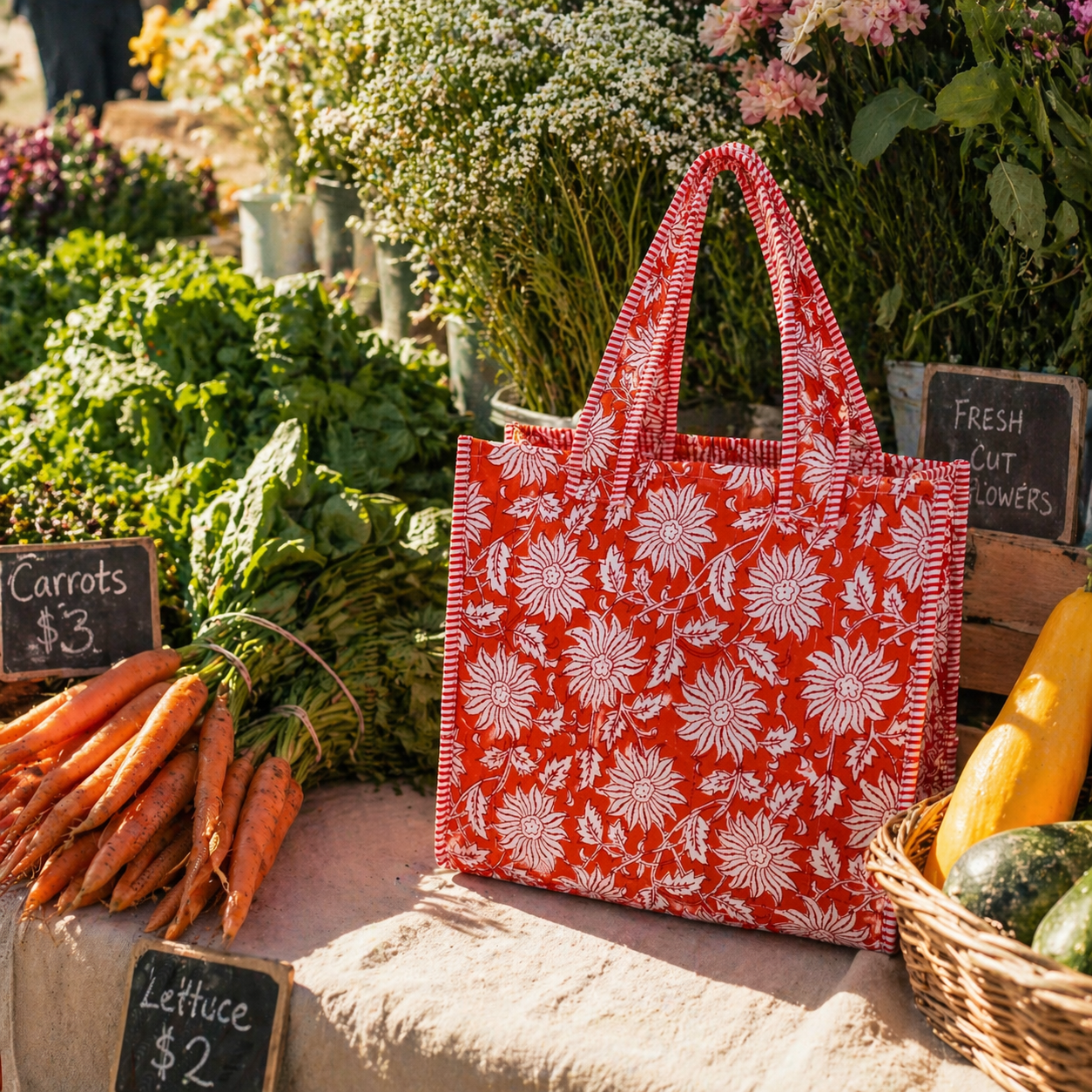 Orange Charm Block-Printed Quilted Mini Tote