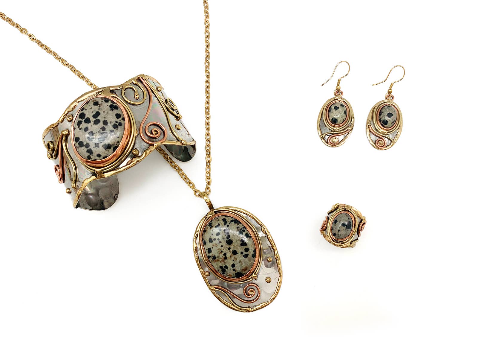 Mixed Metal and Dalmatian Jasper Stone Earrings