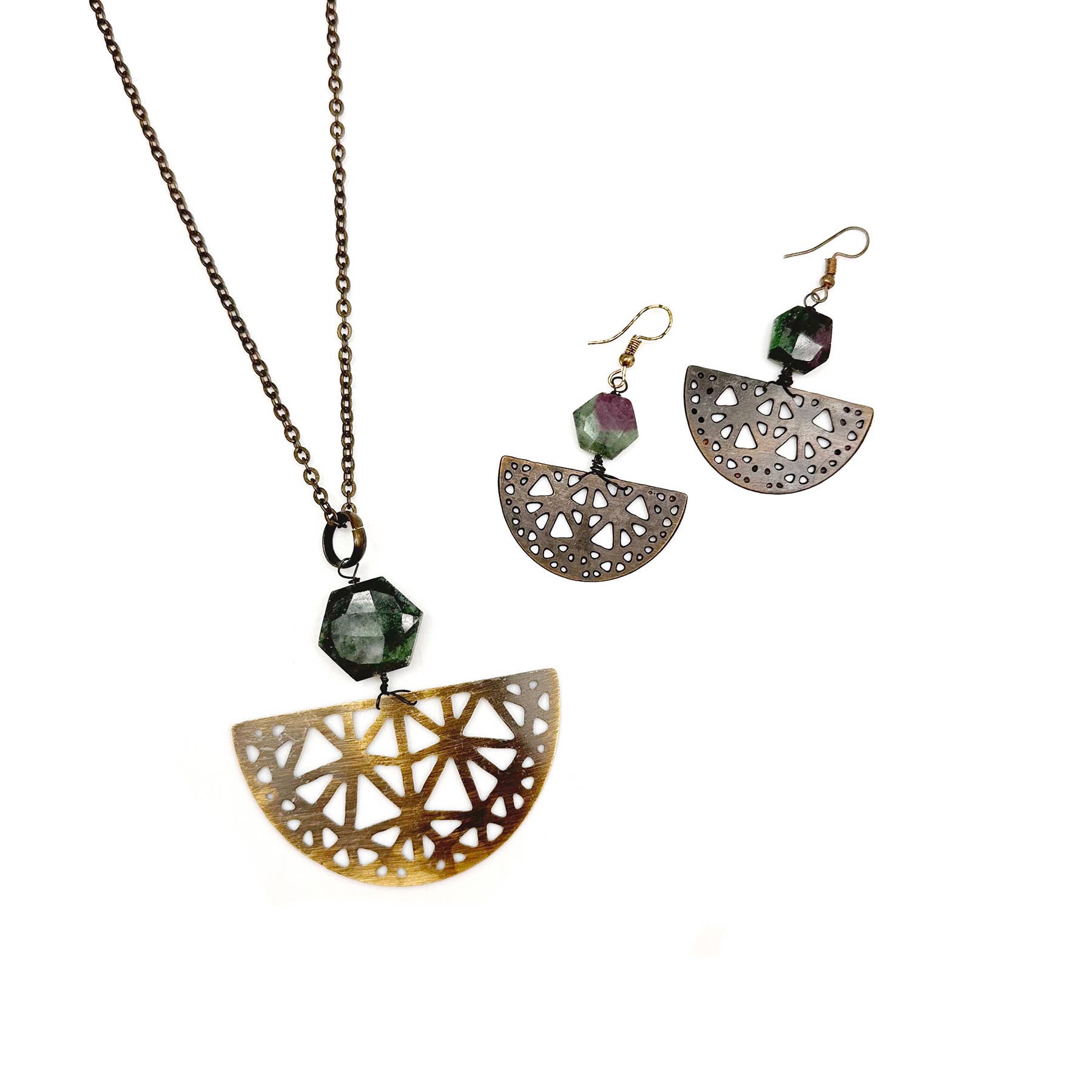 Banjara Collection Earrings - Ruby Zoisite, Brass Filigree