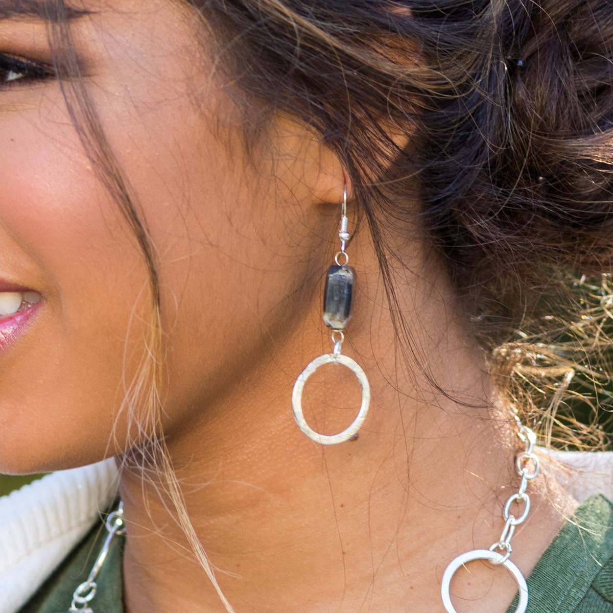 Silver-Plated Long Earrings With Dendritic Opal Stones