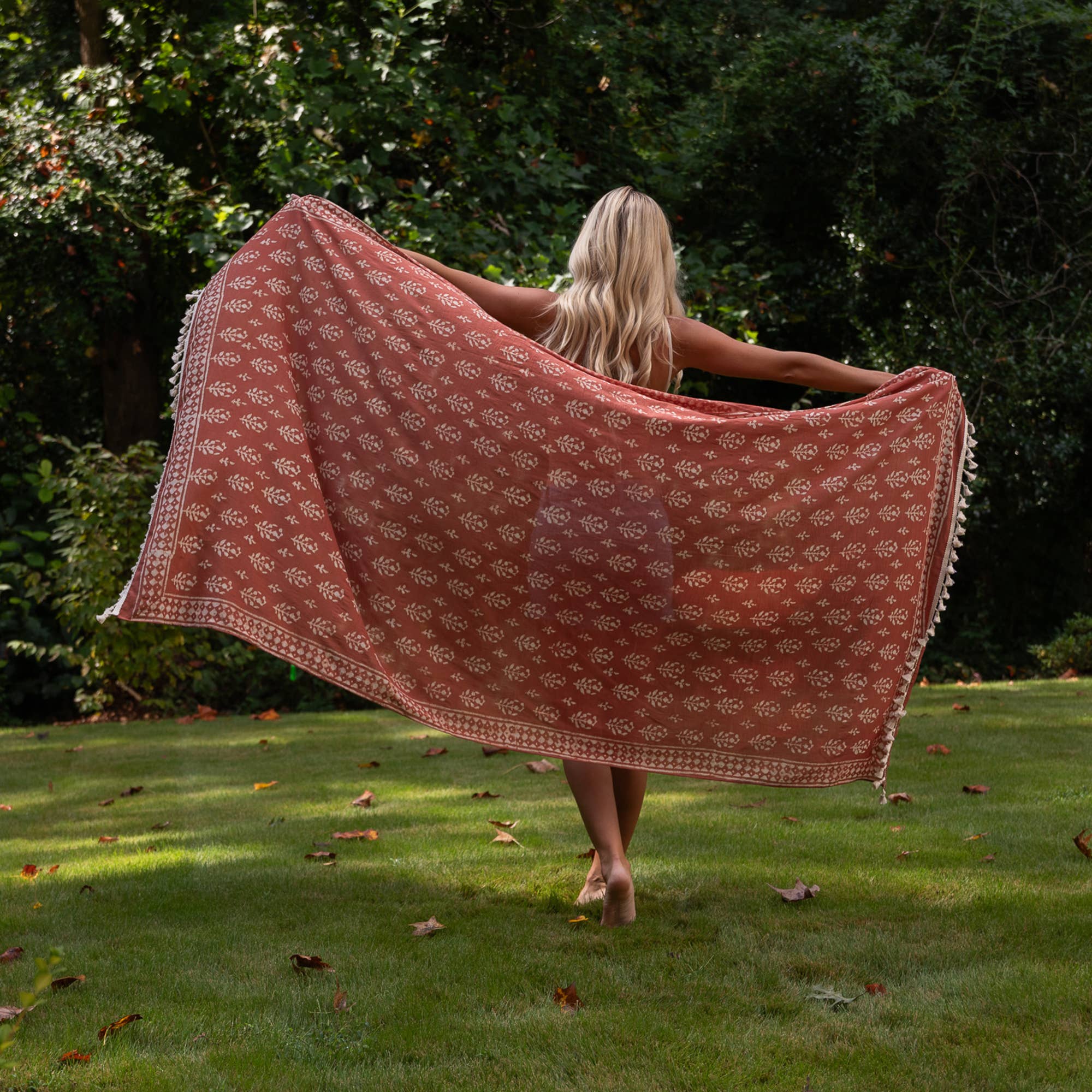 Handcrafted Cotton Sarong - Rust Leaf Print