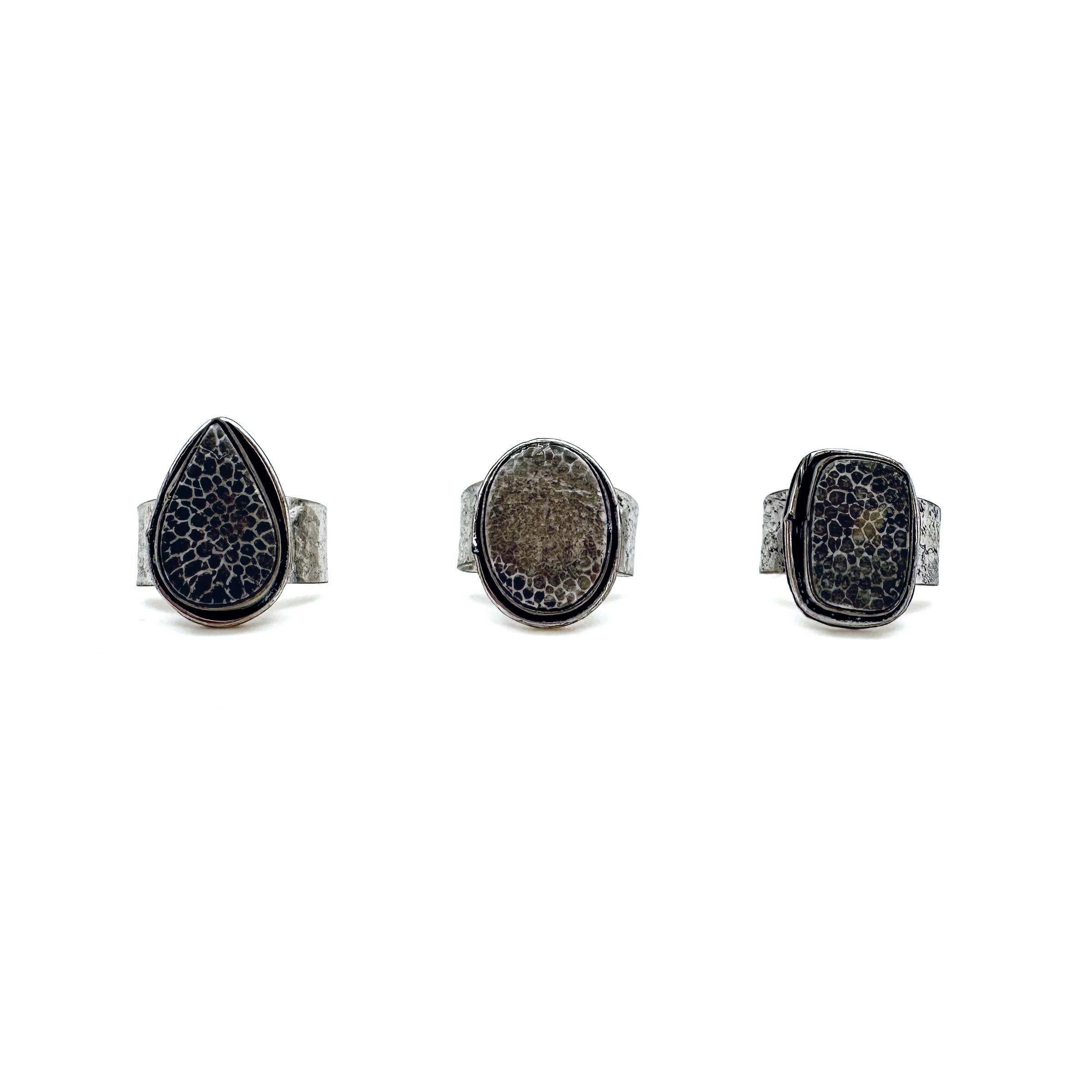 Handcrafted Semiprecious Stone Ring - Black Fossil Coral