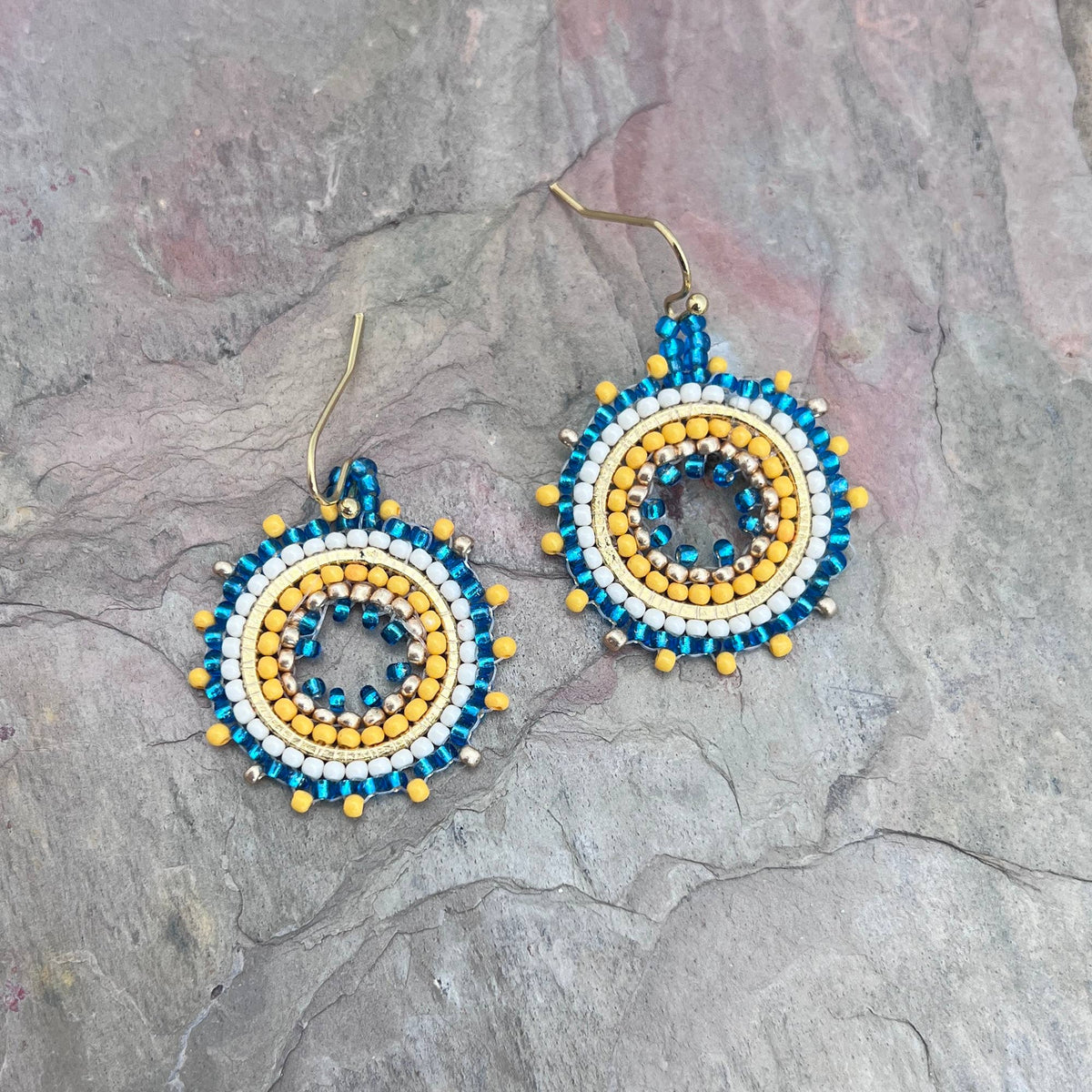 Seed Bead Mandala Hoop Earrings- Yellow and Blue