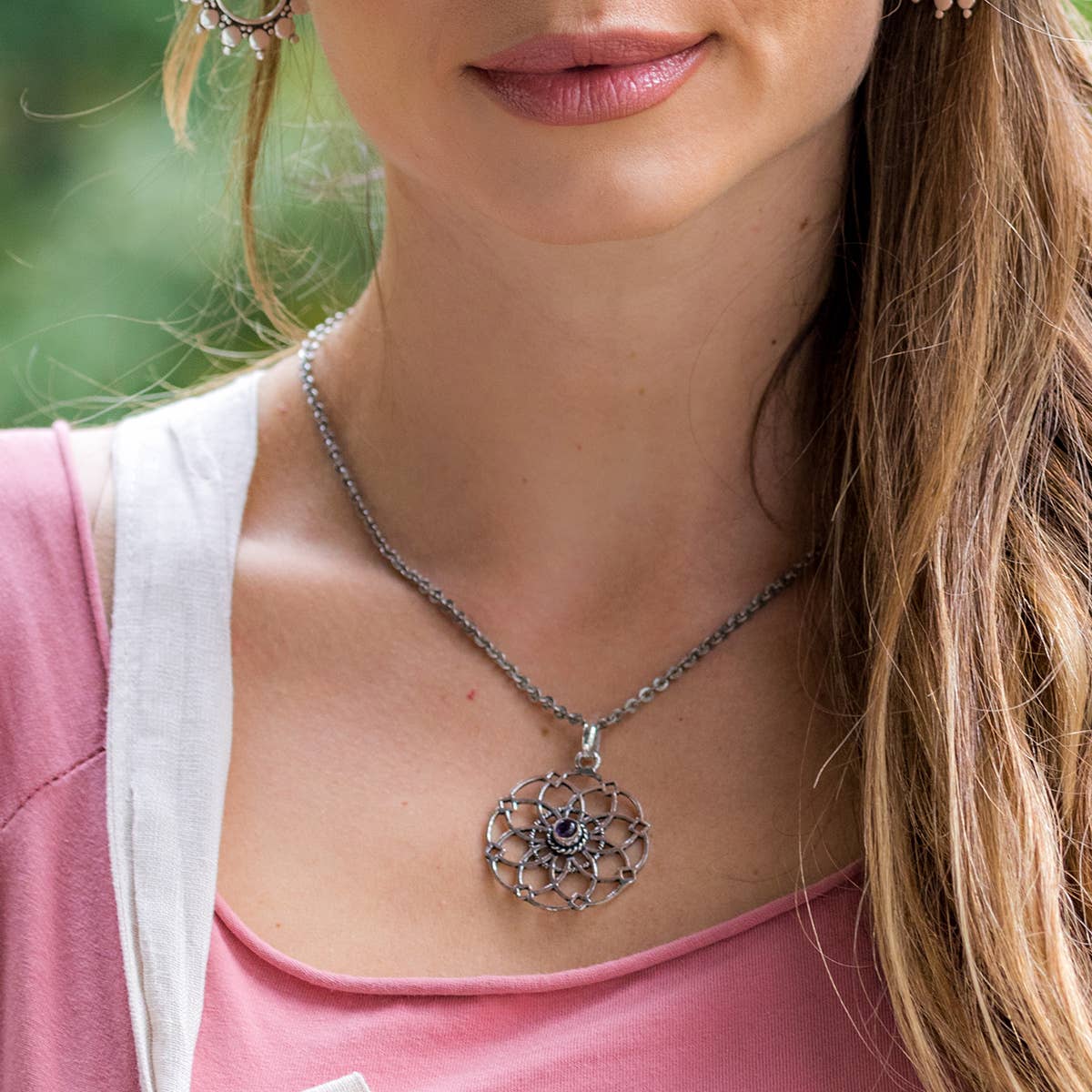 Tanvi Collection Necklace - Silver Petals with Amethyst