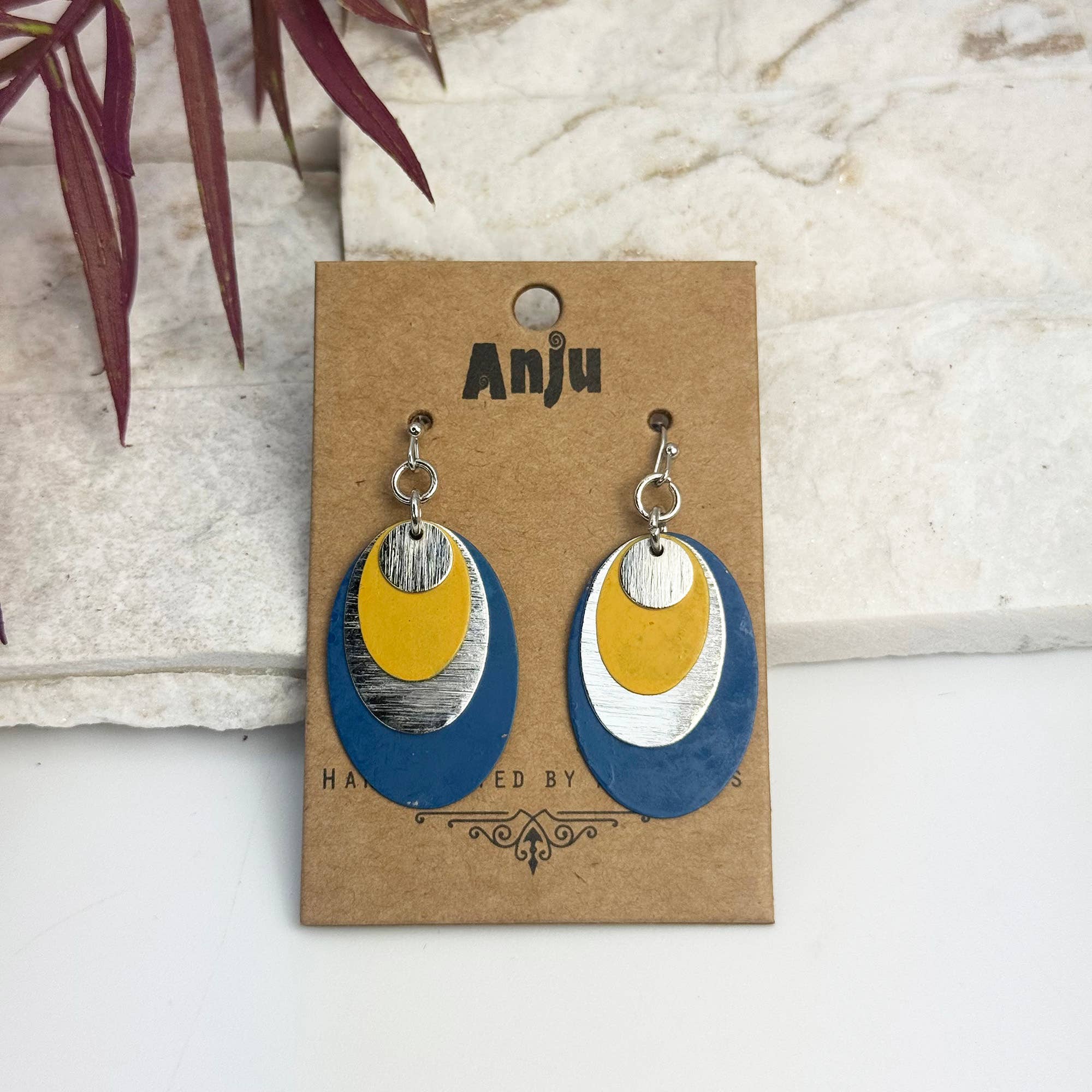 Handcrafted Yellow & Blue Patina Layered Oval Earrings