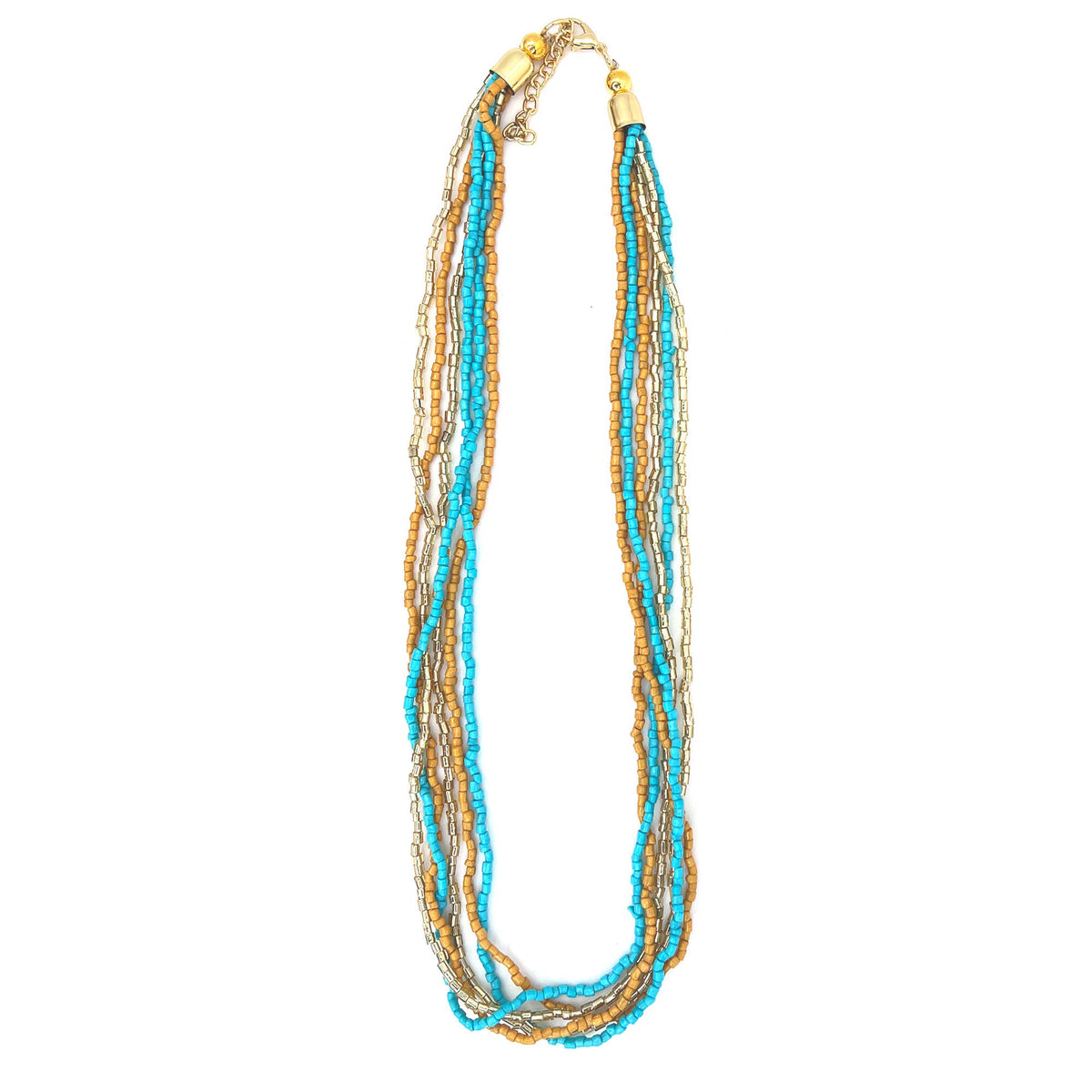 Seed Bead Multi-Strand Bib Necklace - Turquoise and Tan