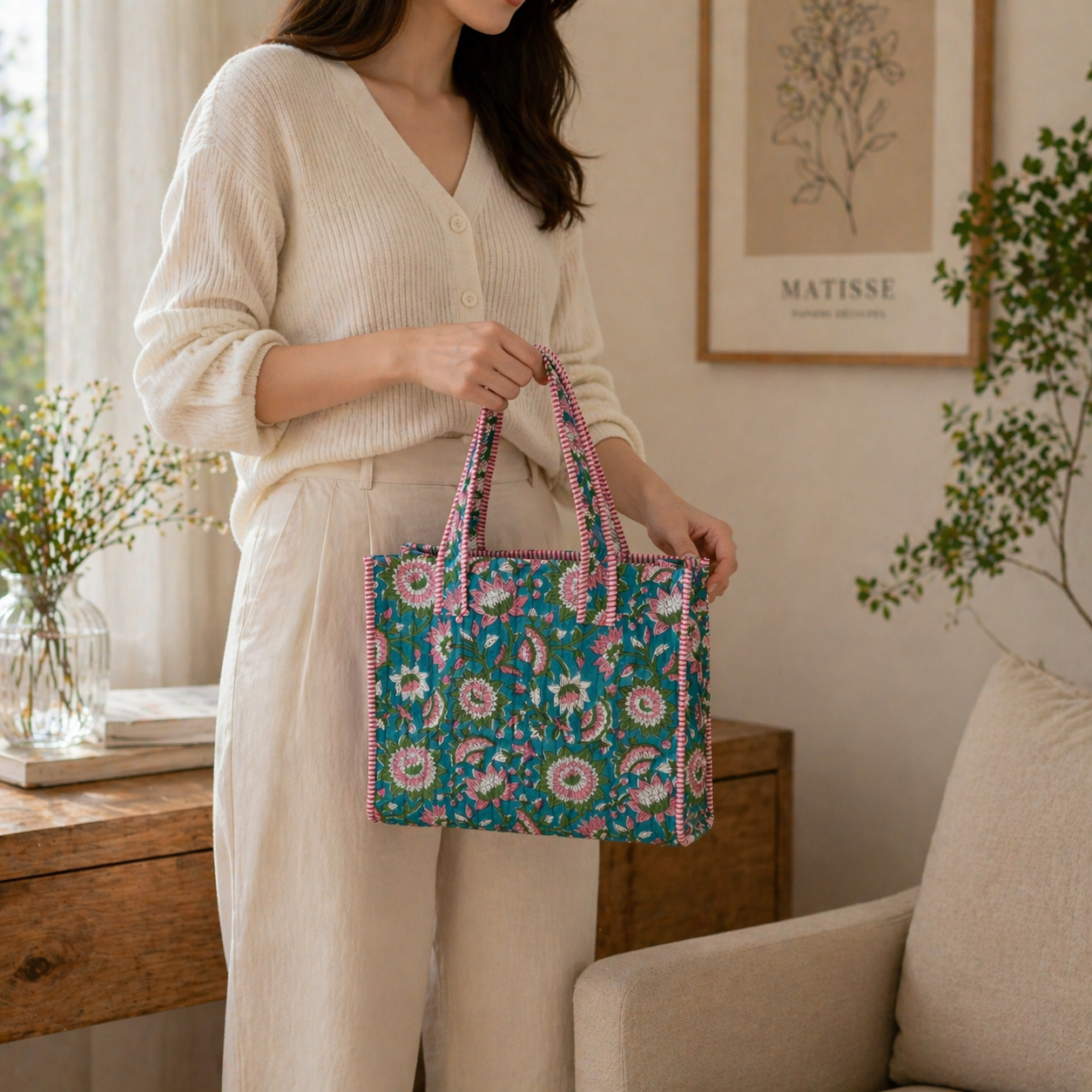 Aqua Bloom Block-Printed Quilted Mini Tote
