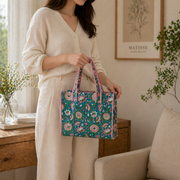 Aqua Bloom Block-Printed Quilted Mini Tote