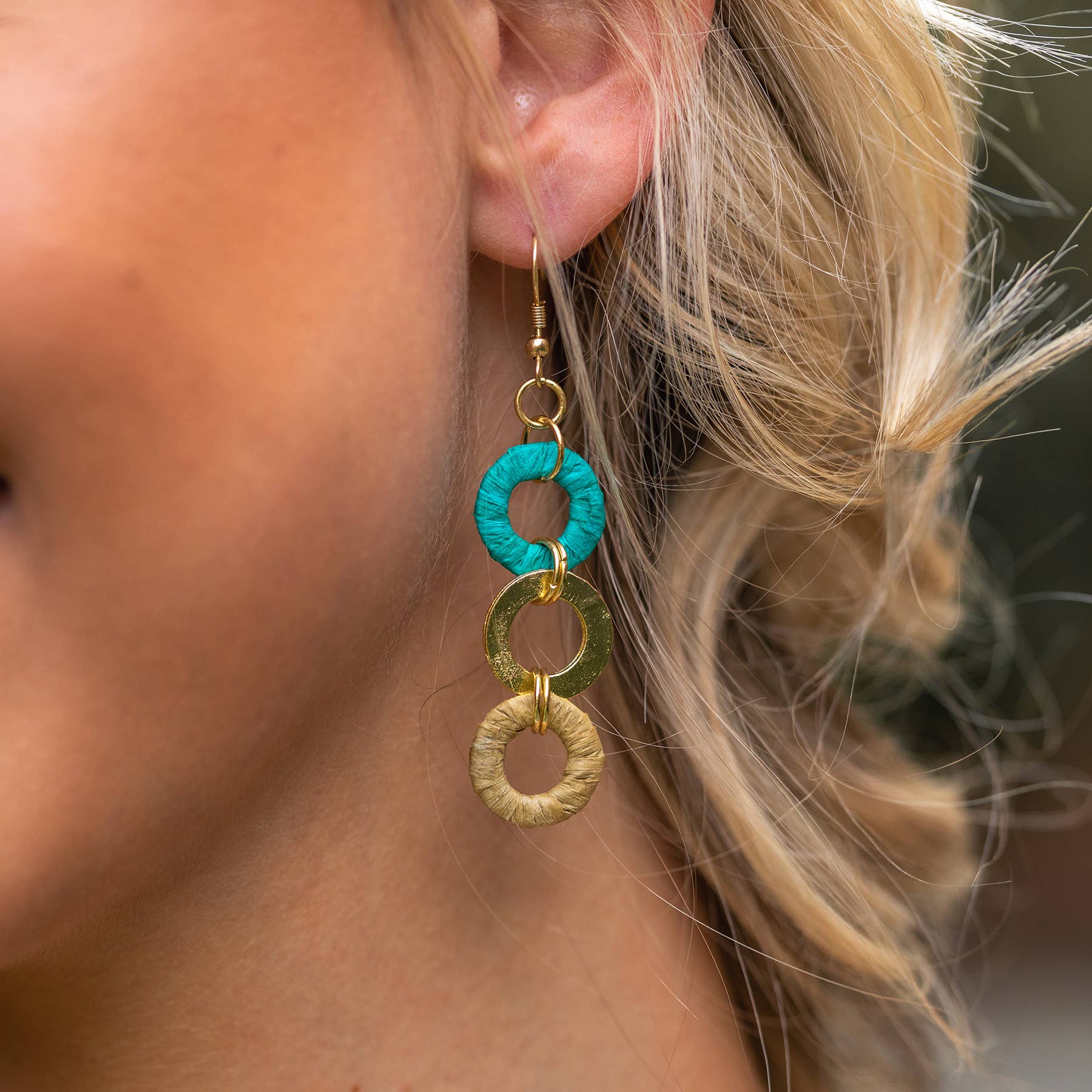 Sachi Raffia Rings Earrings - Teal and Beige Small Rings