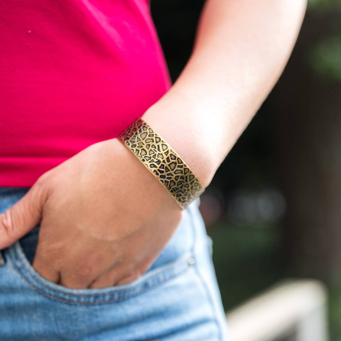 Giraffe Print Brass Engraved Cuff Bracelet