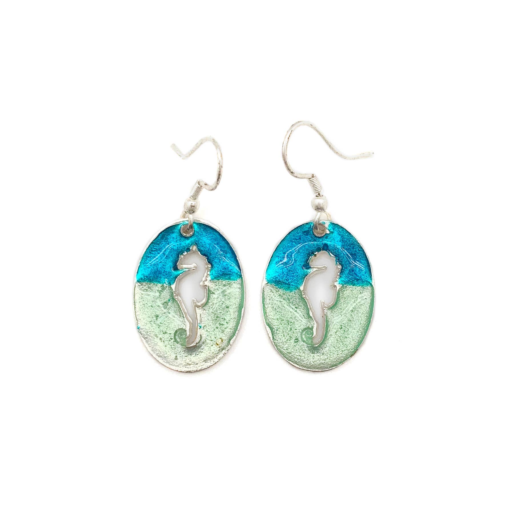 Pewter Earrings with Color Enamel - Teal/Aqua Seahorse